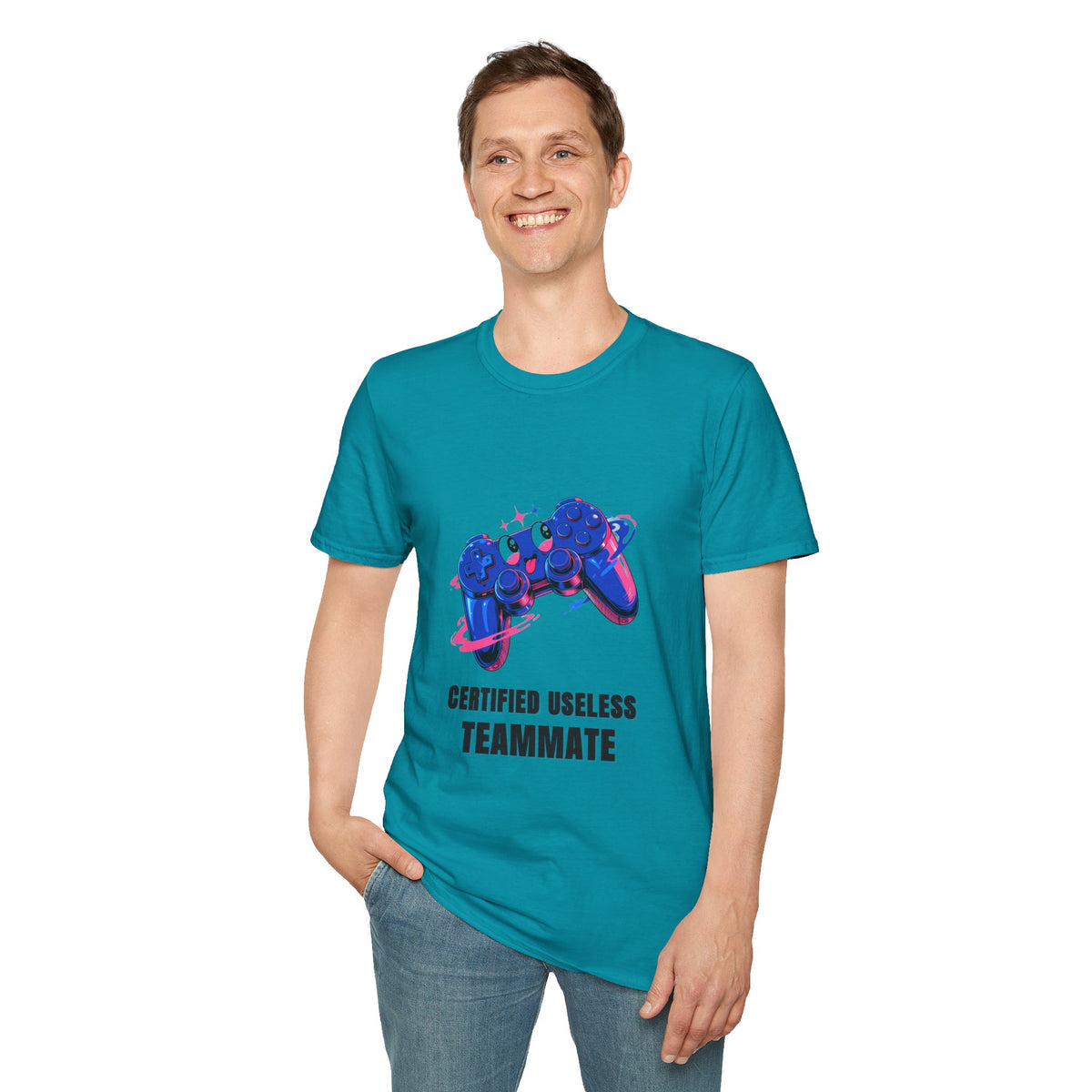 Certified Useless Teammate Gamer T-Shirt — Retro Neon Gamepad Tee - Trending Now - August 2026