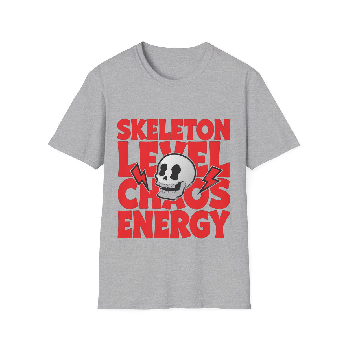 Skeleton Level Chaos Energy Red Block Tee - Bold Skull Lightning Graphic T-Shirt - Trending Now - September 2026