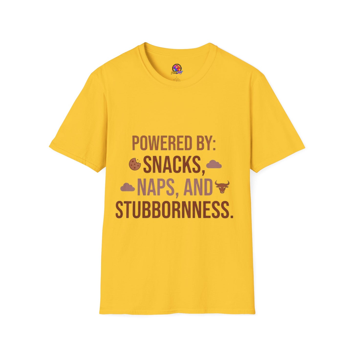 Powered By: Snacks, Naps & Stubbornness T-Shirt — Funny Casual Graphic Tee