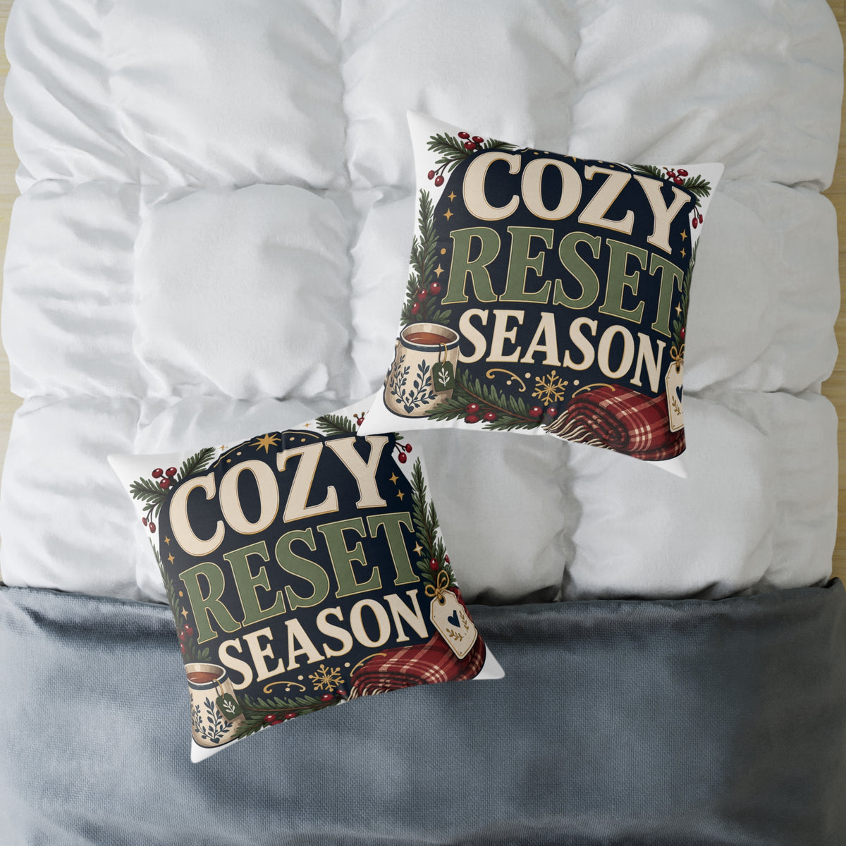 Modern Day Christmas Cozy Reset Season Square Poly Canvas Pillow