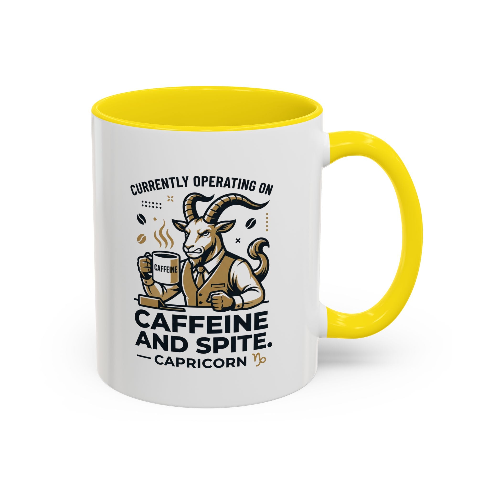 Capricorn Coffee Mug — “Currently Operating on Caffeine and Spite” Accent Mug (11/15oz)