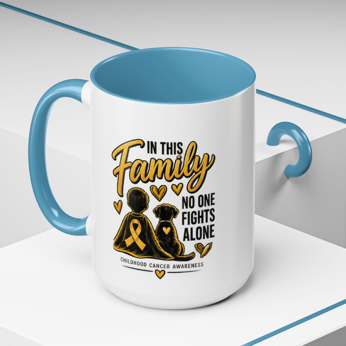 Childhood Cancer Awareness Coffee Mug — "In This Family No One Fights Alone"