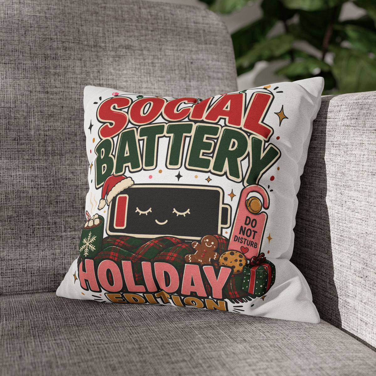 Social Battery Holiday Pillowcase  Modern Day Christmas — Cute Rechargeable Battery Christmas Throw Pillow Cover