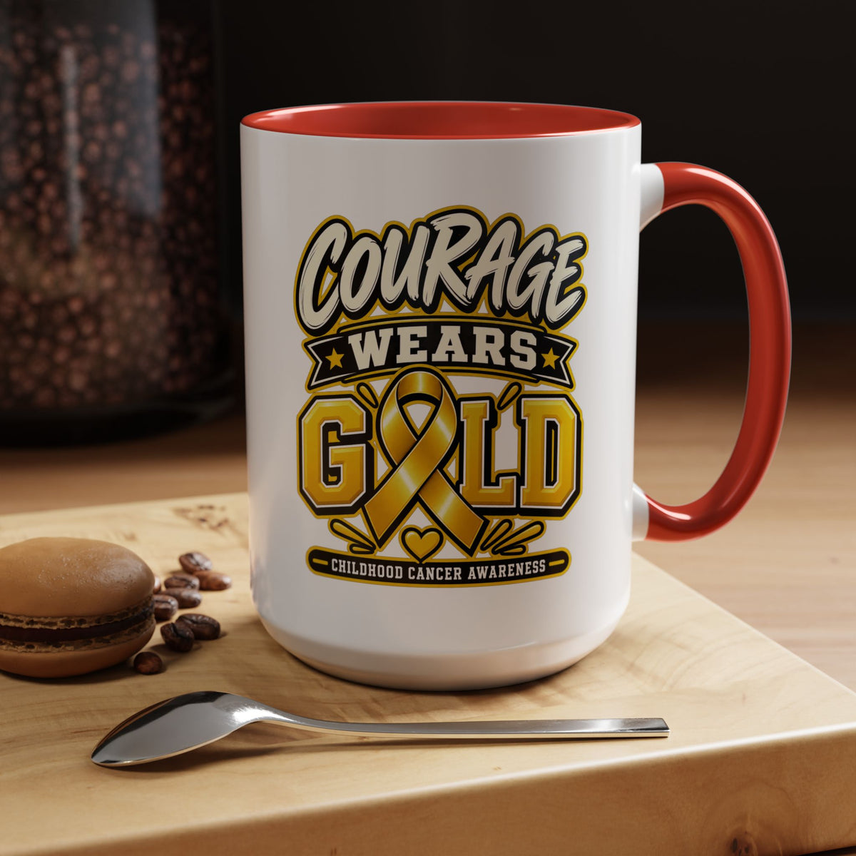 Courage Wears Gold Coffee Mug — Childhood Cancer Awareness Tea Cup
