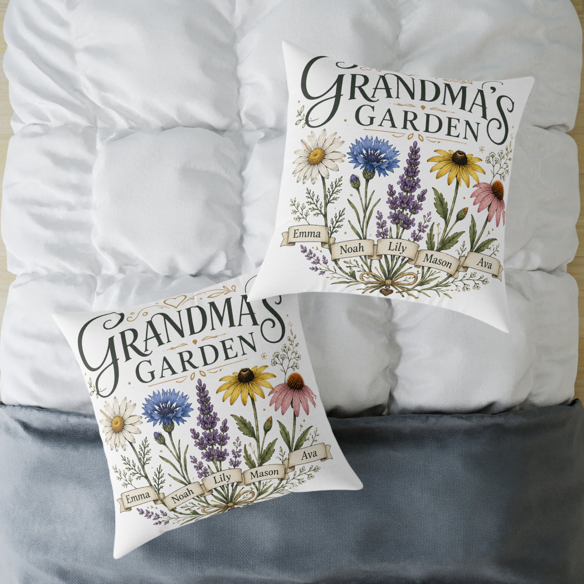 Grandma's Garden Floral Throw Pillow  Milo Bailey Dog Dad Mom— Personalized Family Names