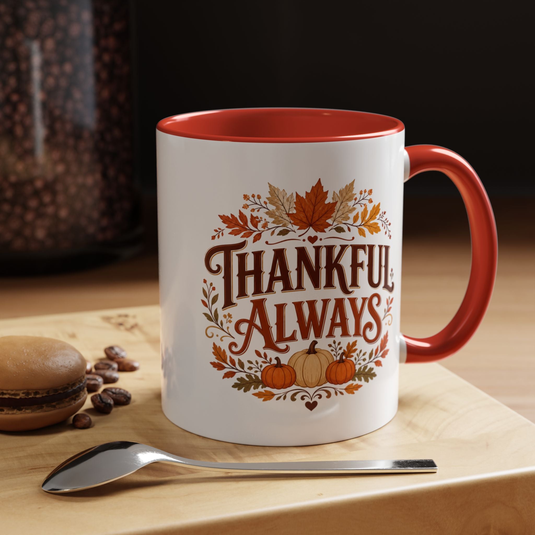 Thanksgiving Mug Thankful Always Accent Coffee Mug — Fall Pumpkin & Leaves Thanksgiving Gift