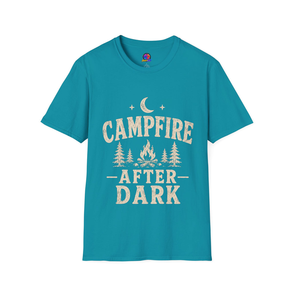 Campfire After Dark T-Shirt — Cozy Camping Moon & Trees Graphic