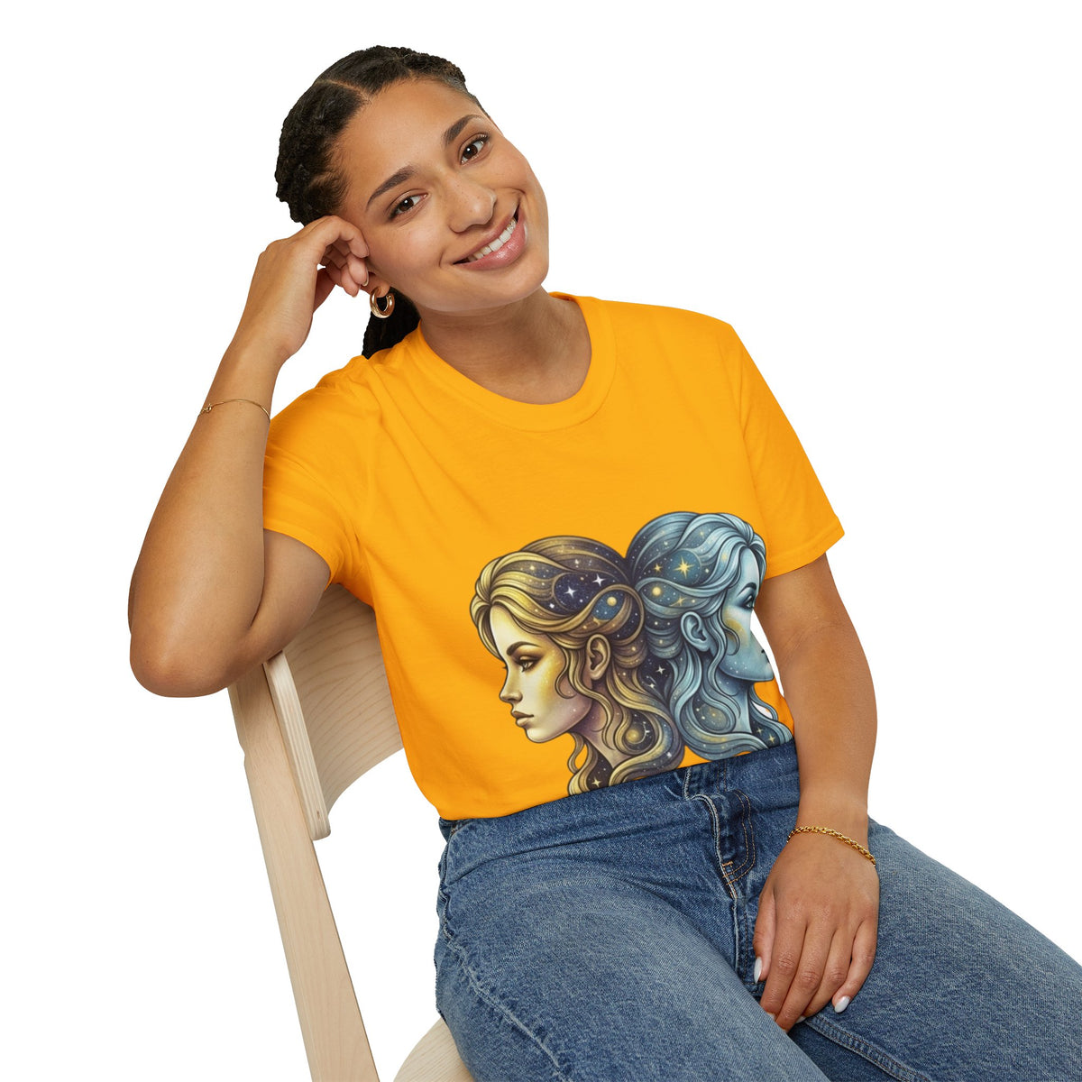 Zodiac Gemini Sun & Moon T-Shirt — Dual Faces Cosmic Design