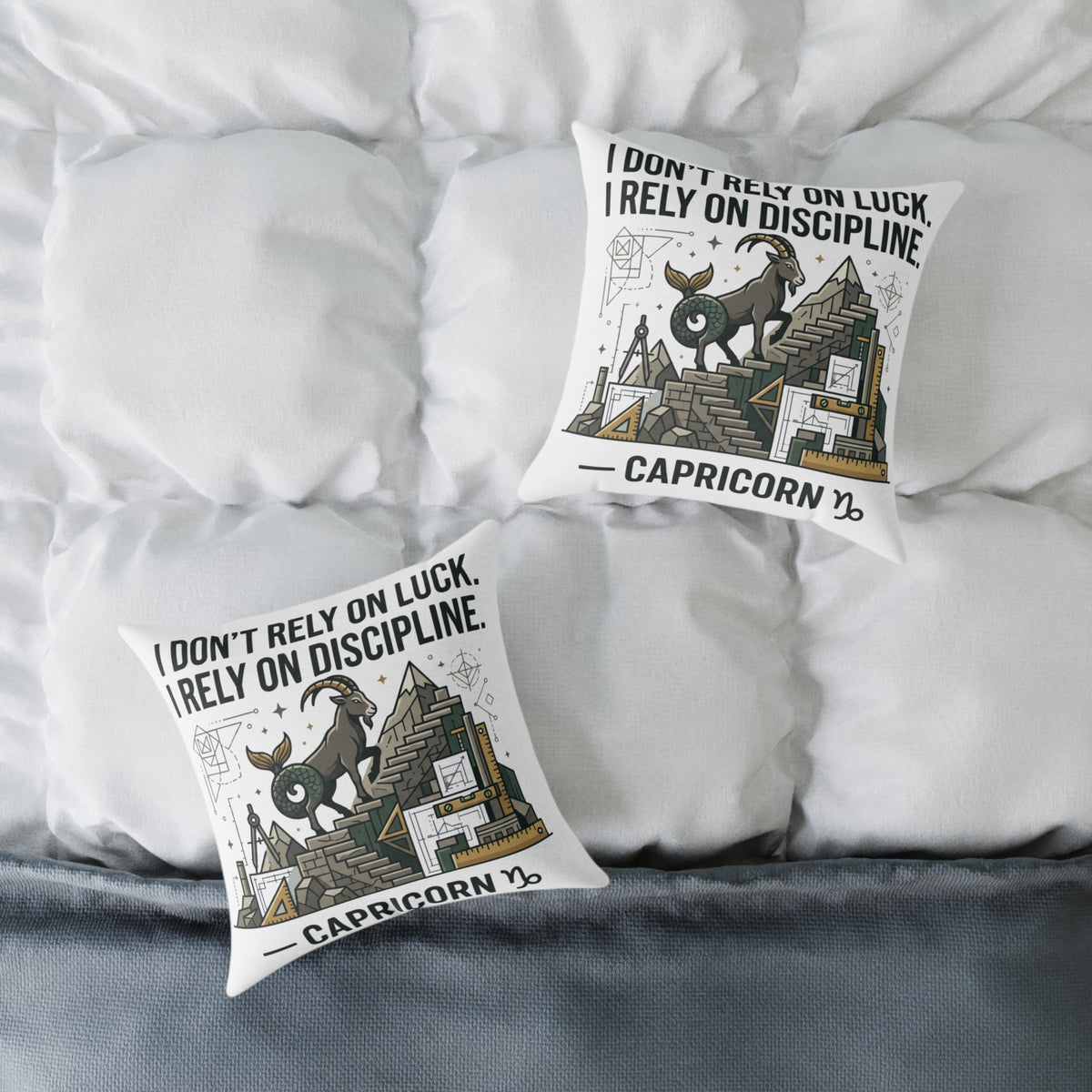 Capricorn Zodiac Pillow — "I Don't Rely on Luck, I Rely on Discipline" Square Decorative Cushion