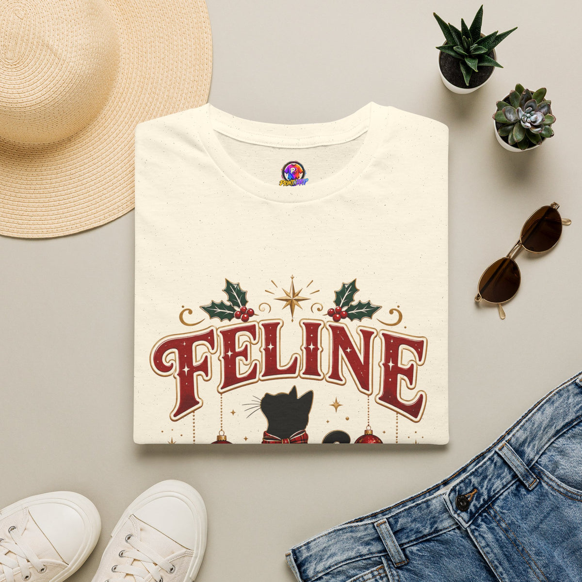 Feline Festive T-Shirt — Cute Black Cat Christmas Holiday Tee