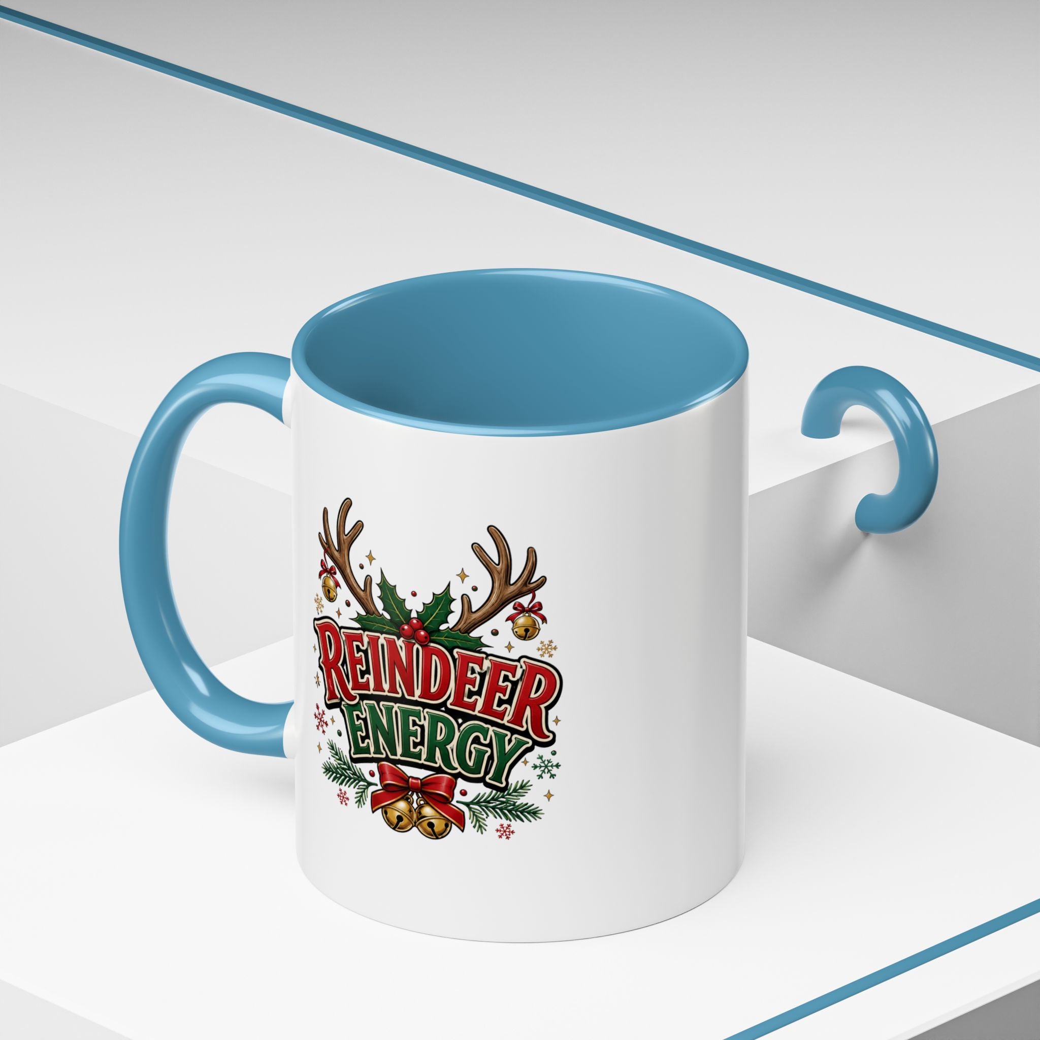 Reindeer Energy Coffee Mug – Holiday Christmas Antlers & Bells Accent Mug