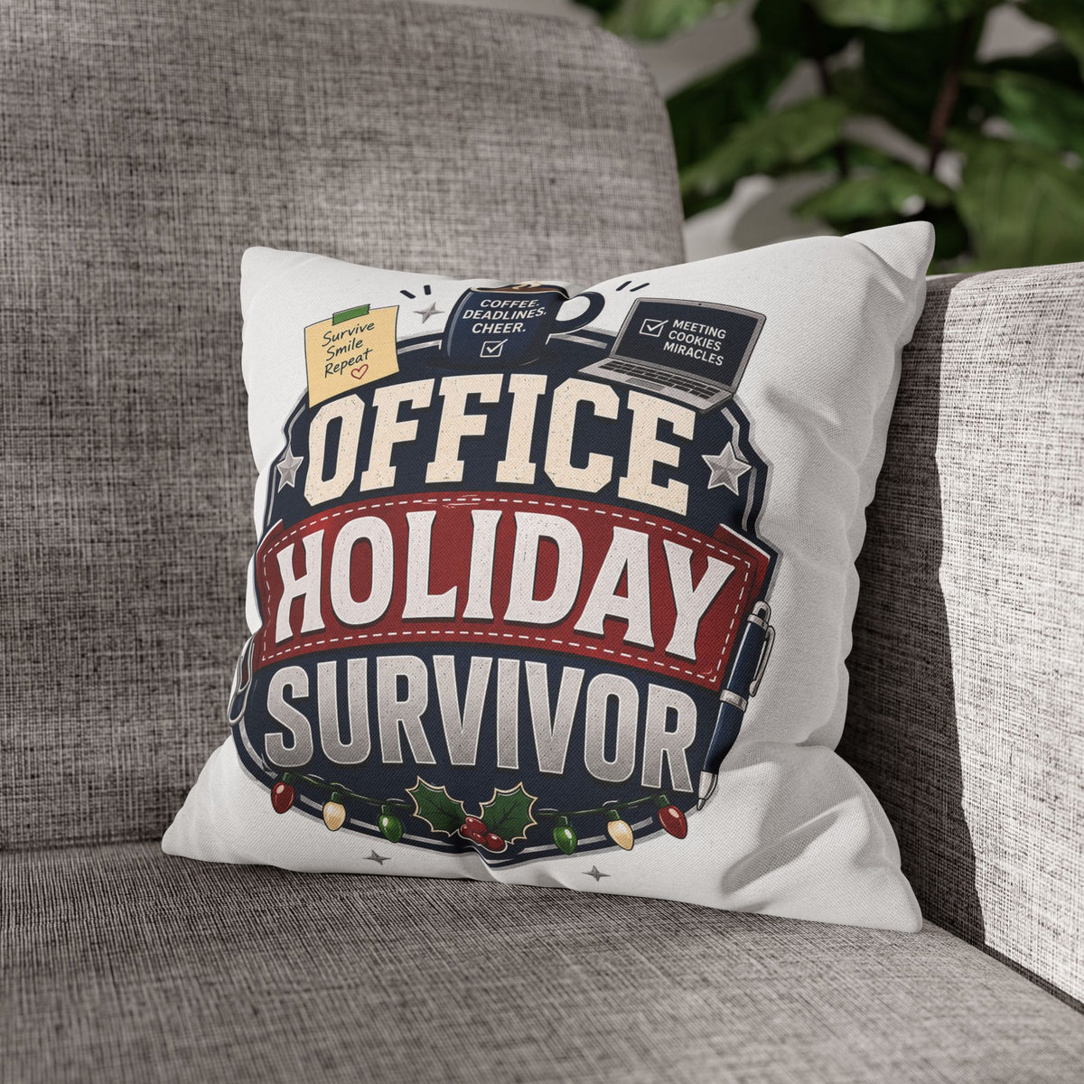 Office Holiday Survivor Pillowcase Modern Day Christmas  - Funny Workplace Christmas Decor