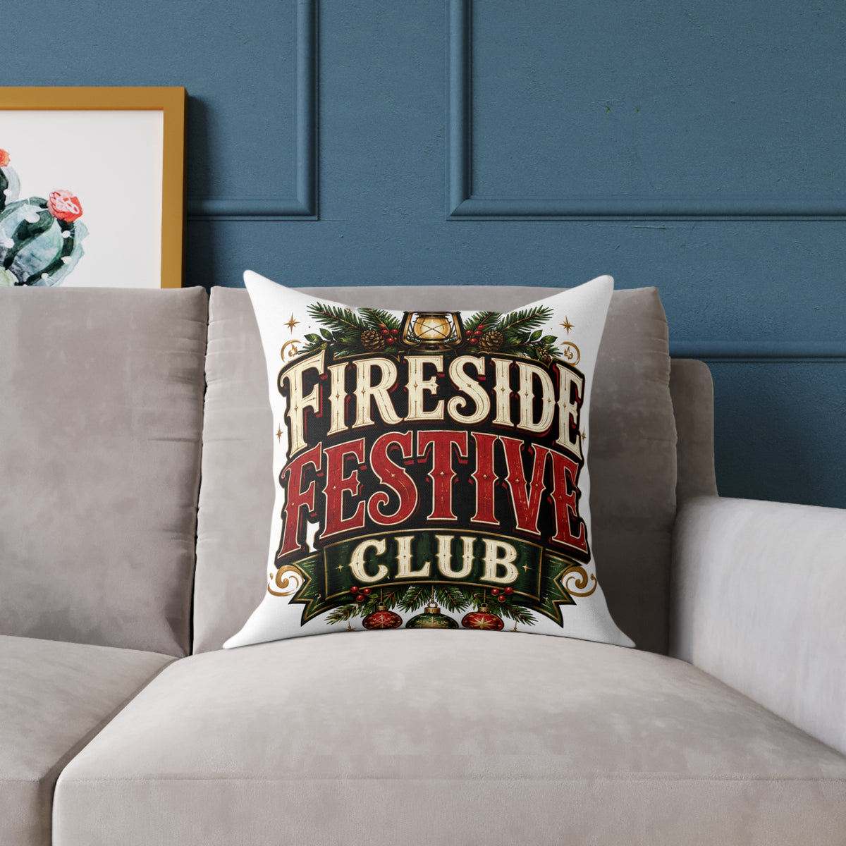 Christmas Fireside Festive Club Pillow — Holiday Christmas Decorative Throw Pillow