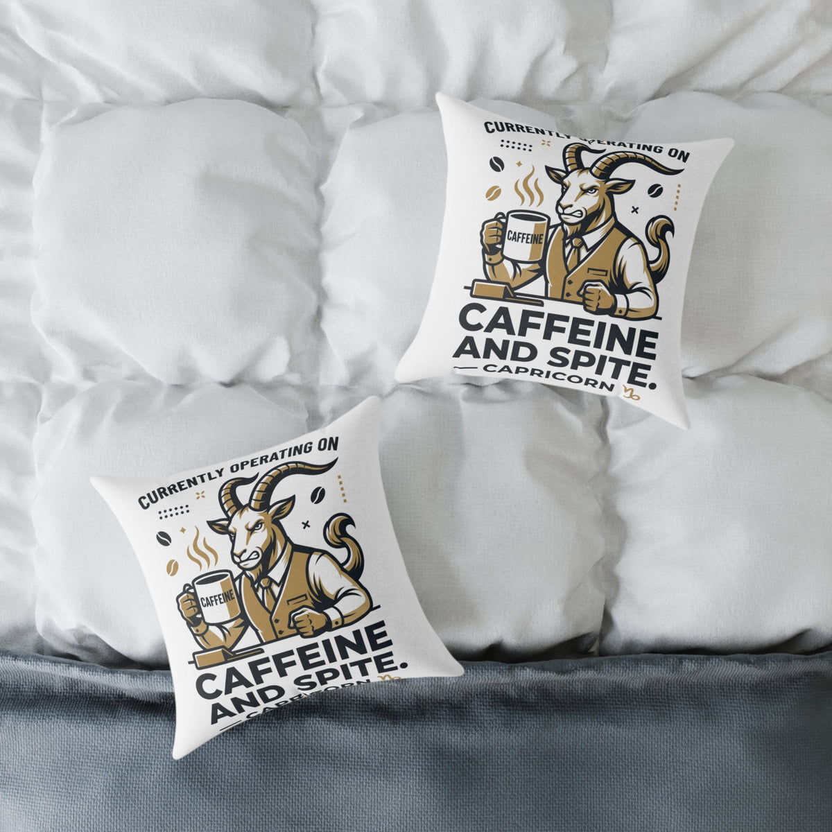 Capricorn Caffeine and Spite Goat Pillow — Funny Coffee Lover Square Throw Pillow