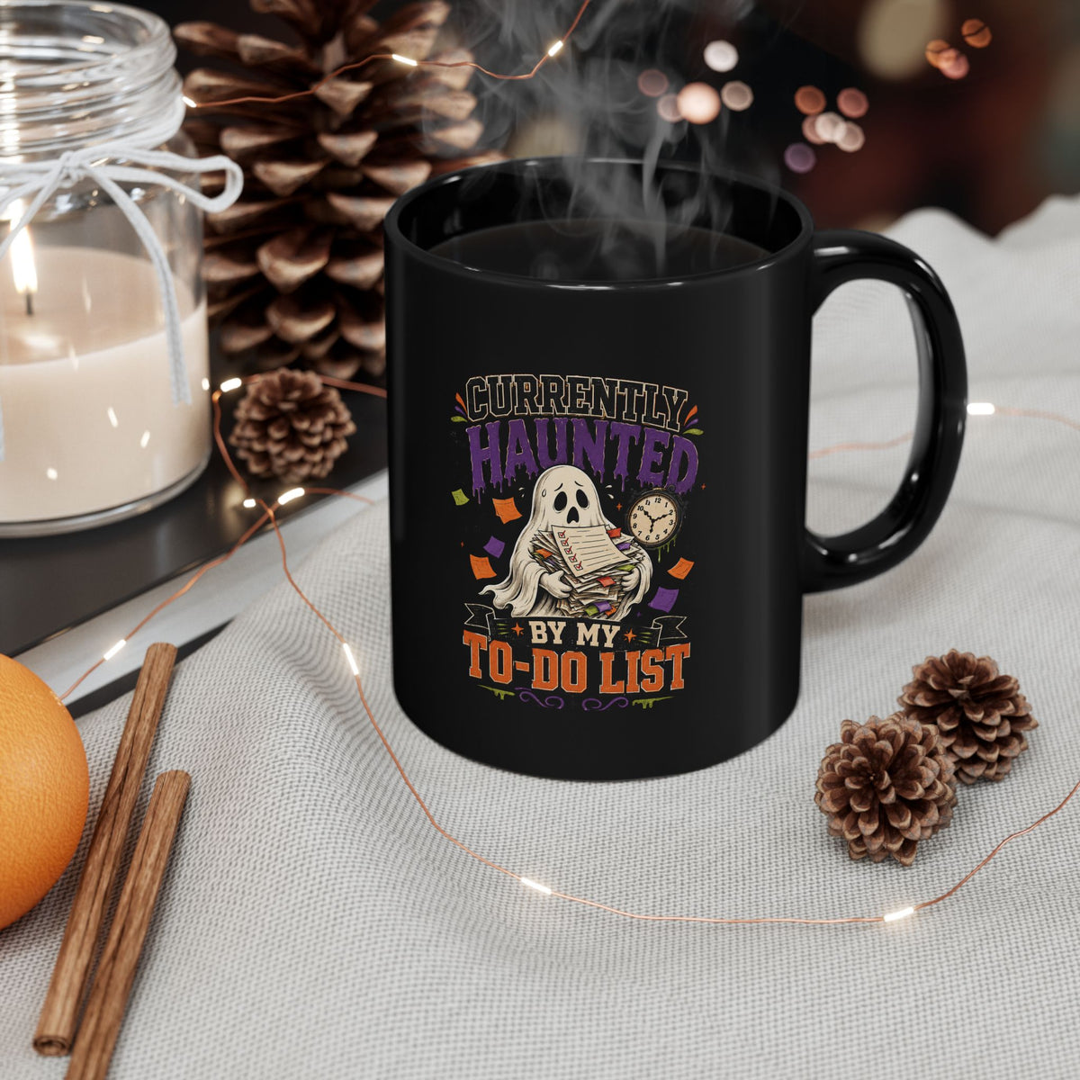 Halloween Currently Haunted by My To-Do List Black Coffee Mug — Halloween Ghost Desk Gift
