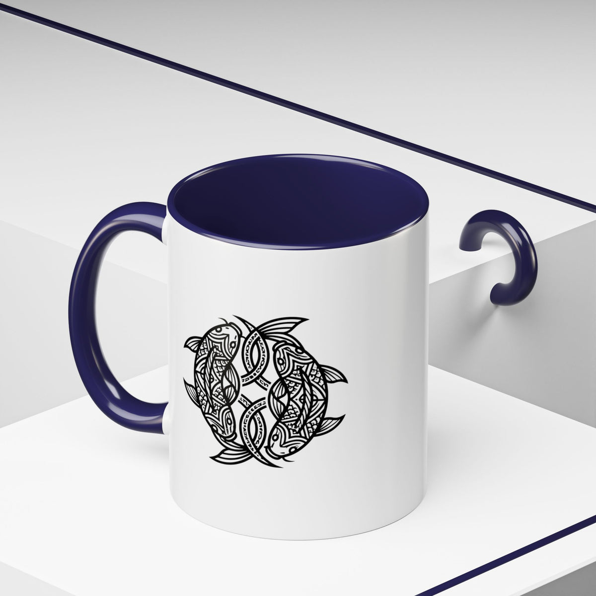 Pisces Zodiac Turtle Mandala Accent Coffee Mug – Black Interior & Handle, Intricate Tribal Sea Turtle Design