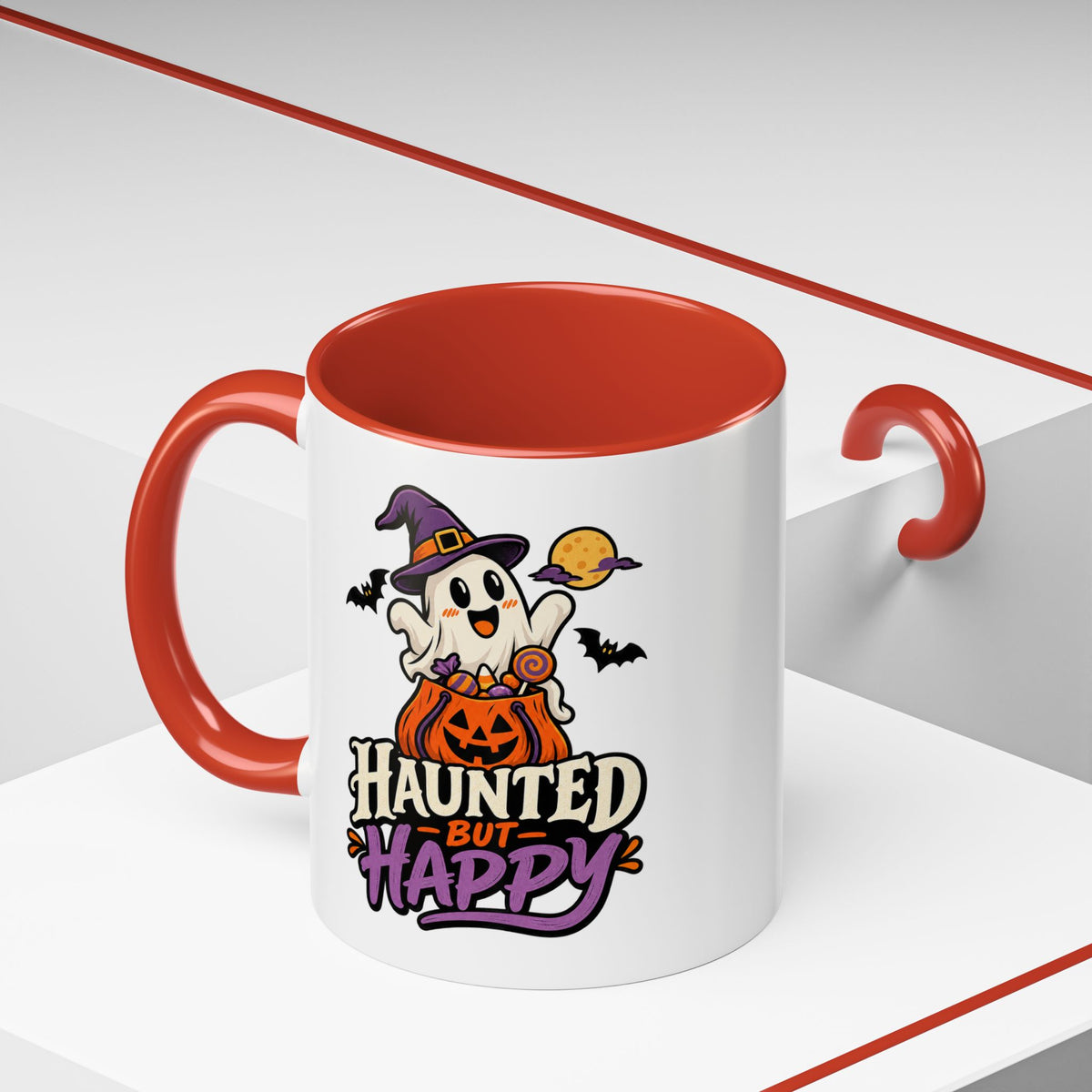 Haunted But Happy Coffee Mug — Halloween Ghost Pumpkin Accent Mug (11/15oz)