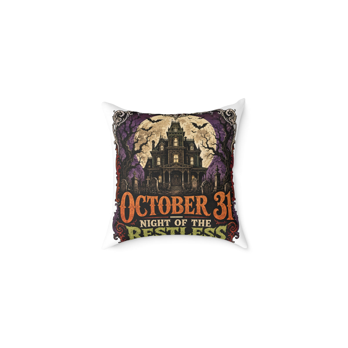Halloween Haunted House Pillow — "October 31 Night of the Restless" Square Canvas Throw Pillow