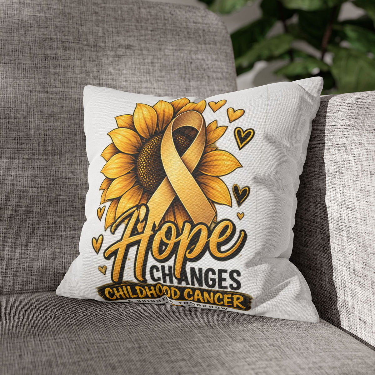 Childhood Cancer Awareness Pillow — "Hope Changes Childhood Cancer" Sunflower Ribbon Cushion