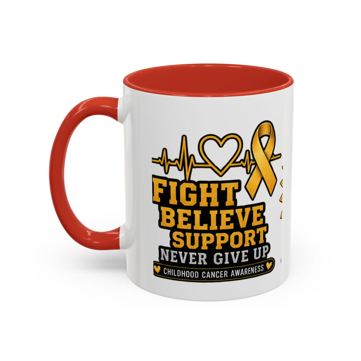Childhood Cancer Awareness Accent Coffee Mug — "Fight Believe Support" 11/15oz
