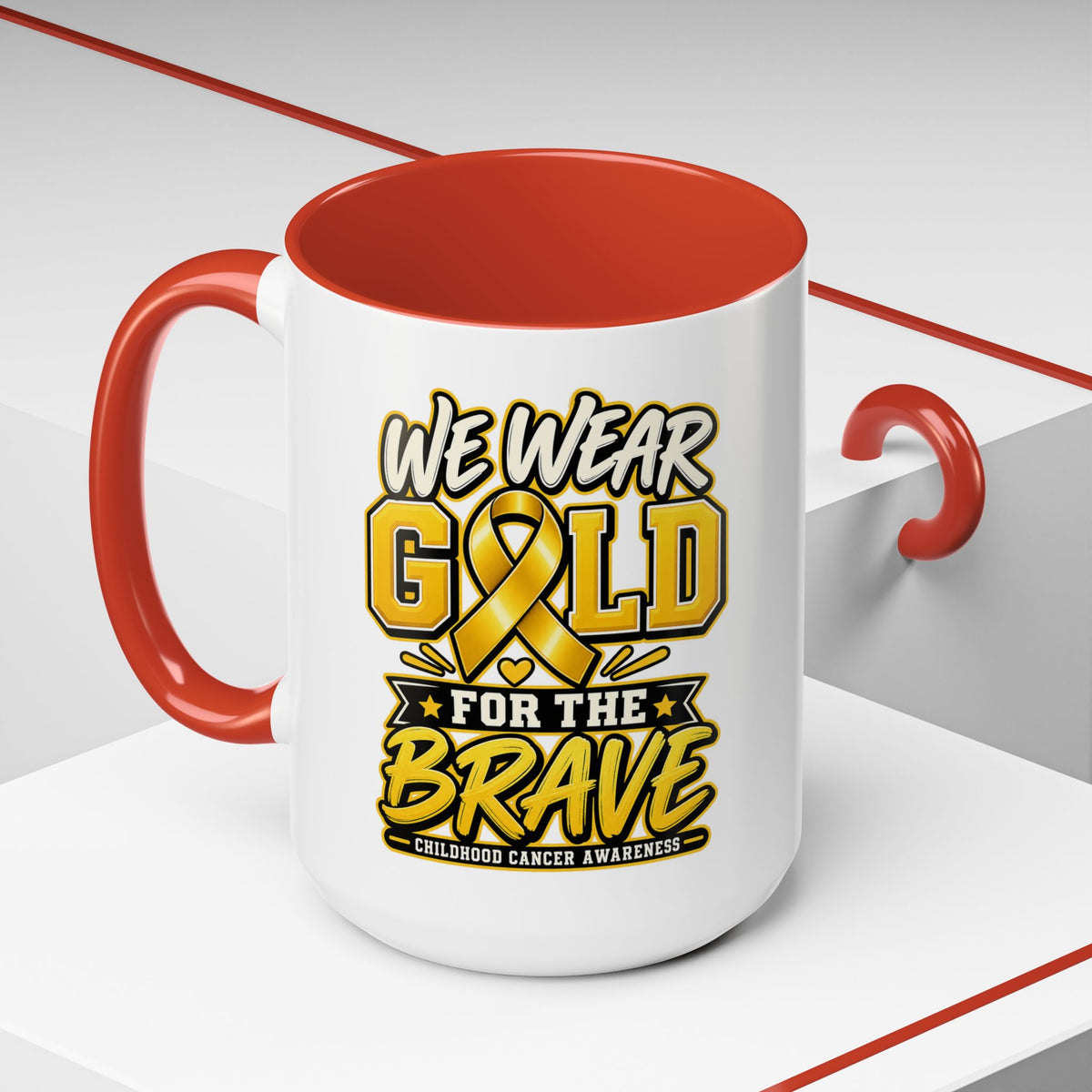 Childhood Cancer Awareness Accent Coffee Mug – "We Wear Gold for the Brave" (11/15 oz)