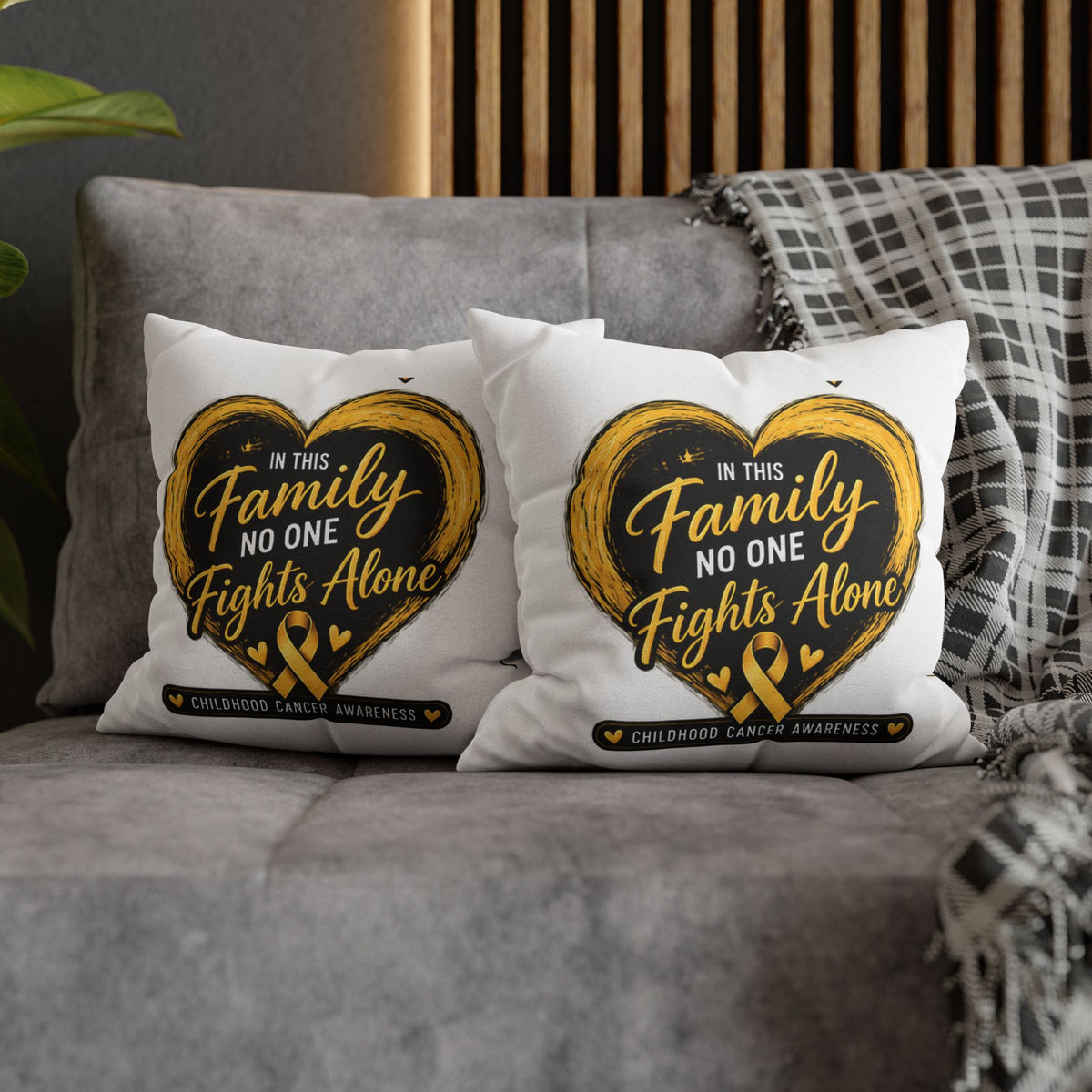 Childhood Cancer Awareness Pillow - "In This Family No One Fights Alone" Square Throw Pillow