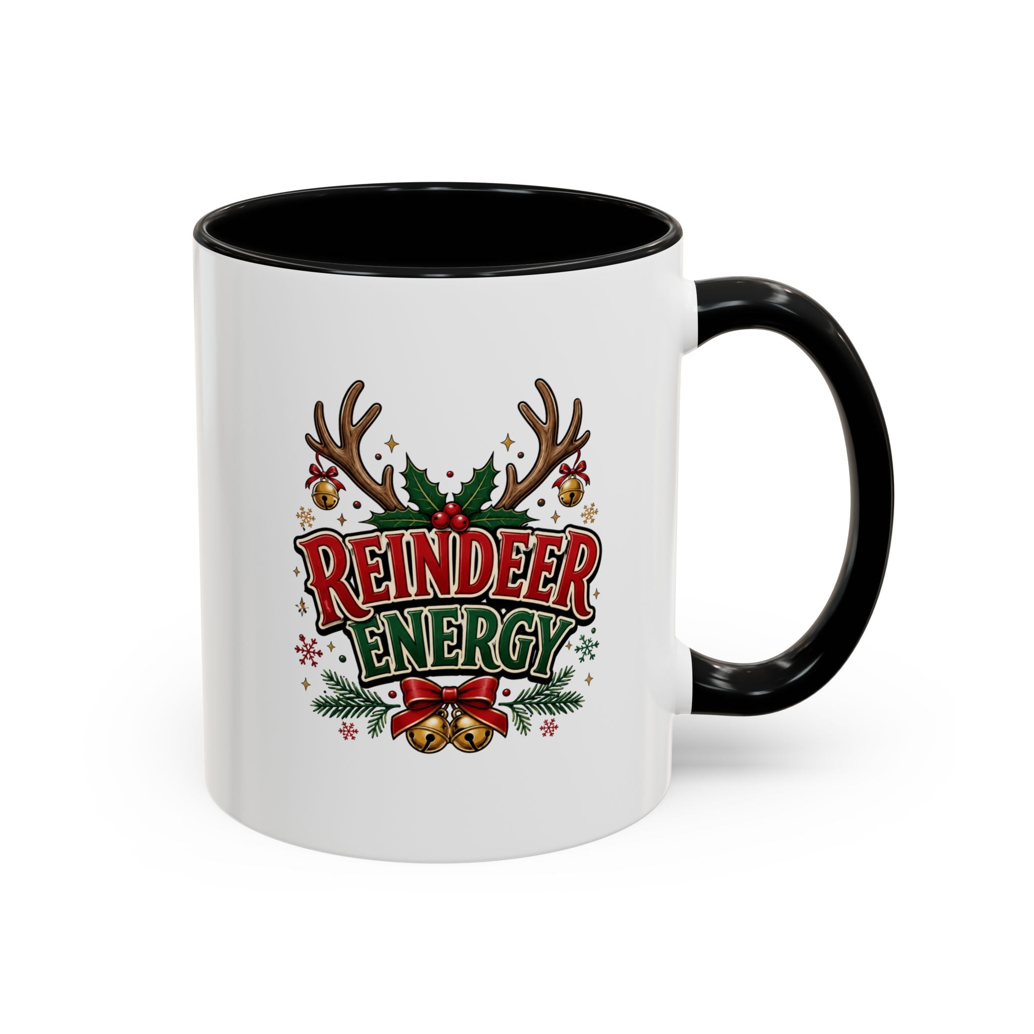 Reindeer Energy Coffee Mug – Holiday Christmas Antlers & Bells Accent Mug