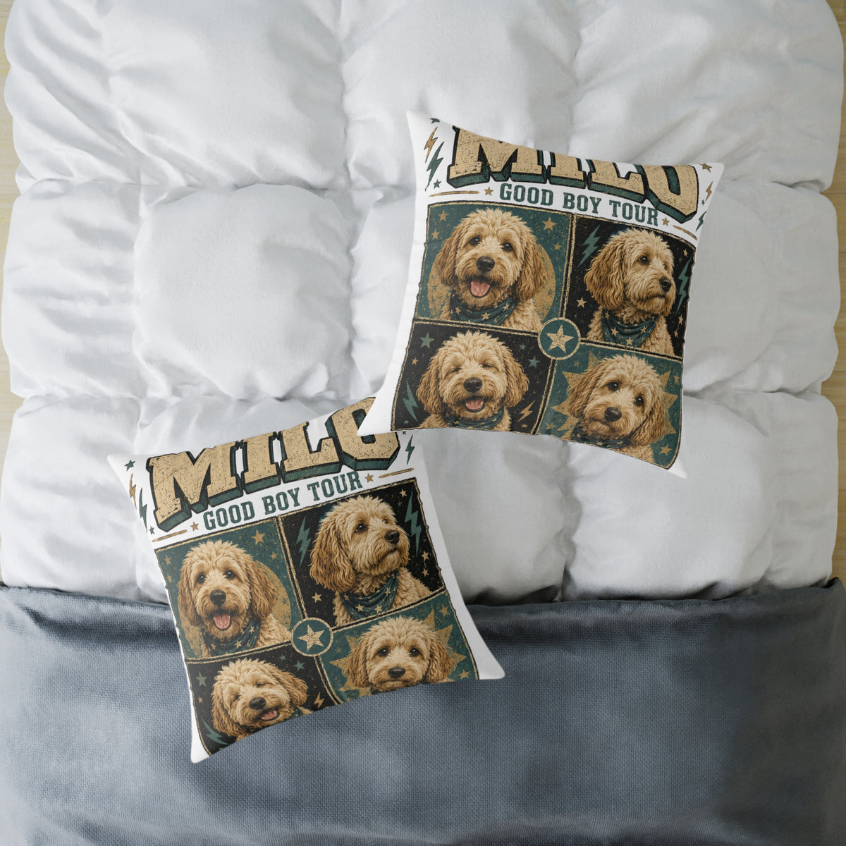 Milo "Good Boy Tour" Dog Photo Square Throw Pillow  Milo Bailey Dog Dad Mom
