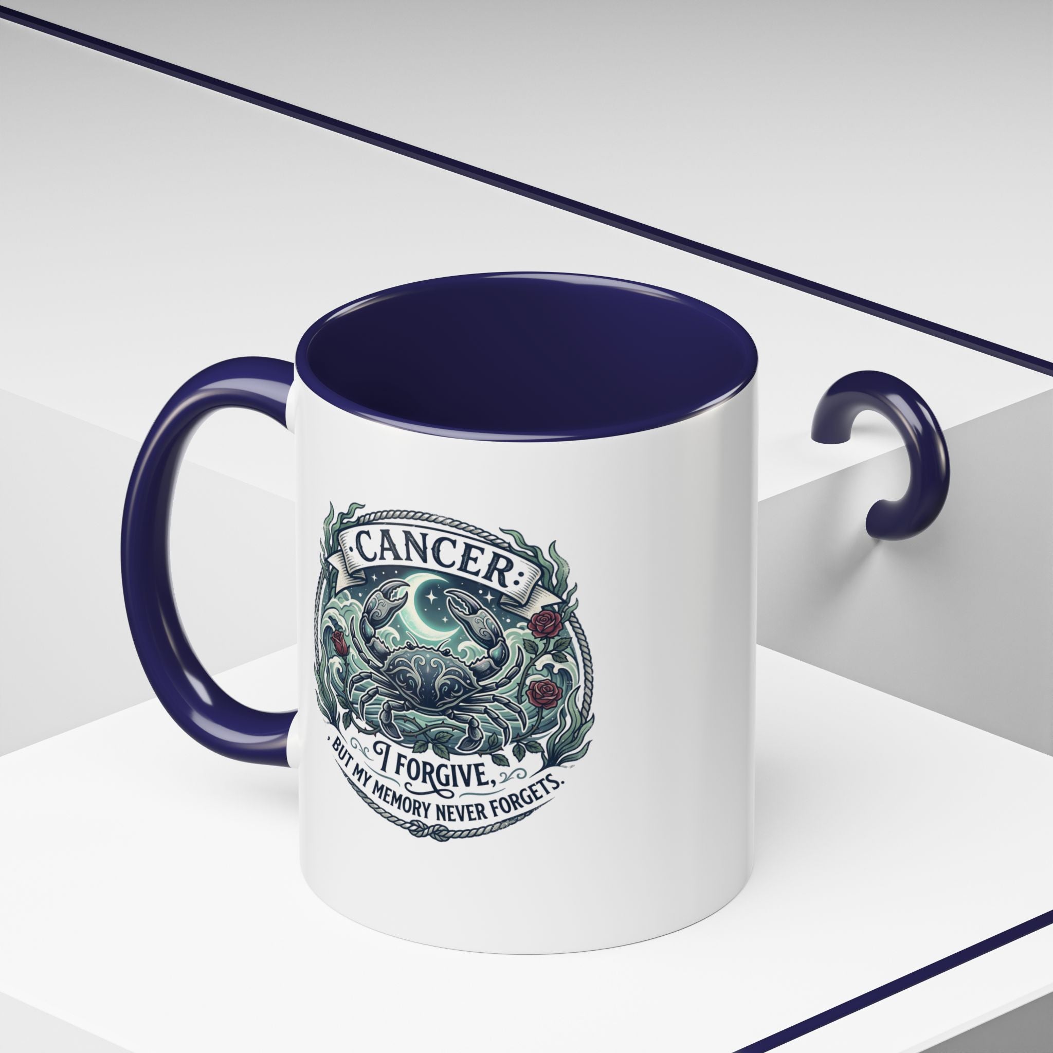 Cancer Zodiac Accent Coffee Mug — 'I Forgive But My Memory Never Forgets' Horoscope Gift