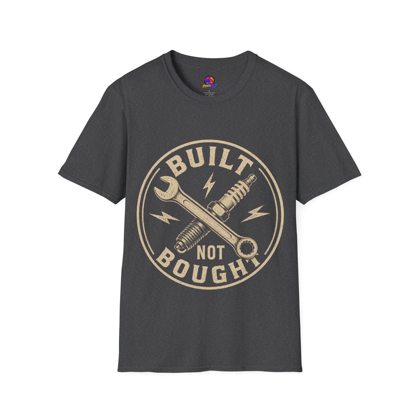 Built Not Bought T-Shirt — Vintage Mechanic Wrench & Spark Plug Design