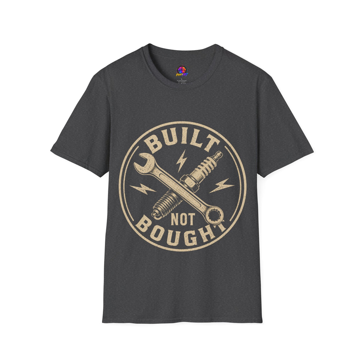 Built Not Bought T-Shirt — Vintage Mechanic Wrench & Spark Plug Design