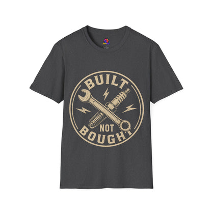 Built Not Bought T-Shirt — Vintage Mechanic Wrench & Spark Plug Design