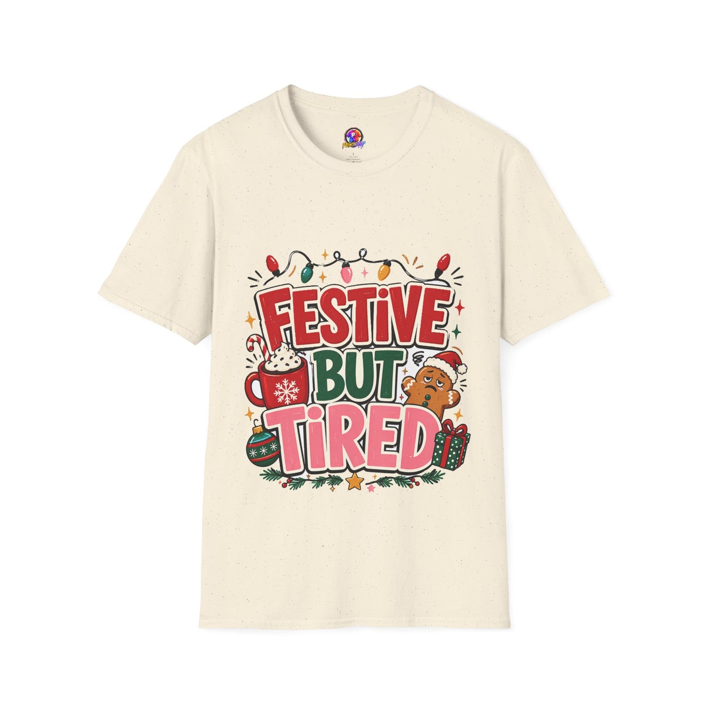 Festive But Tired T-Shirt — Holiday Christmas Crew Tee with Lights & Gingerbread