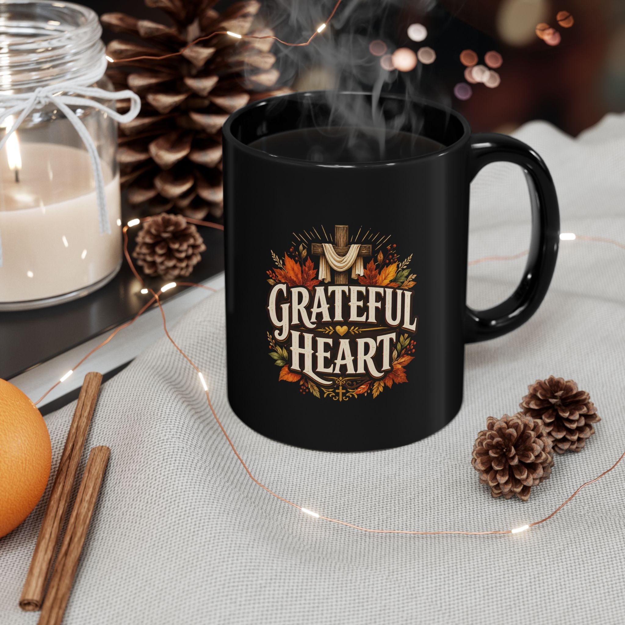 Thanksgiving Black Mug Grateful Heart Black Mug – Thanksgiving Autumn Leaves Coffee Cup