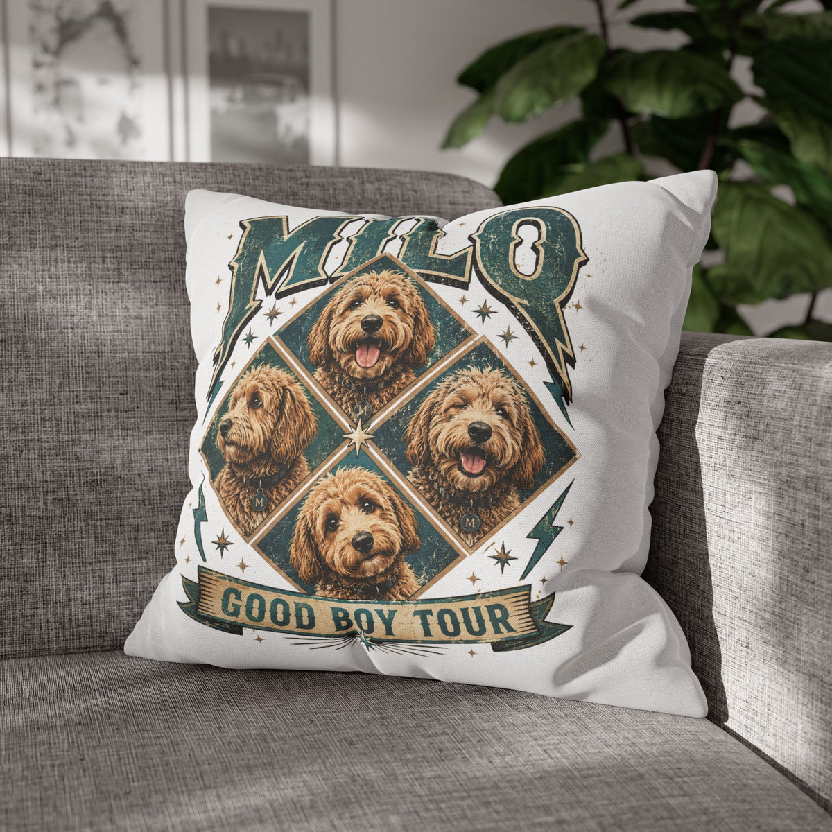 Milo “Good Boy Tour” Dog Photo Square Pillowcase Milo Bailey Dog Dad Mom