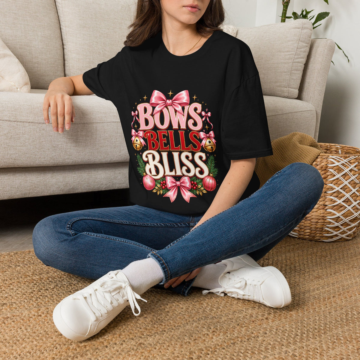 T-Shirt — "Bows Bells Bliss" Pink Holiday Graphic Tee