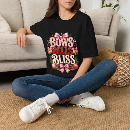 T-Shirt — "Bows Bells Bliss" Pink Holiday Graphic Tee