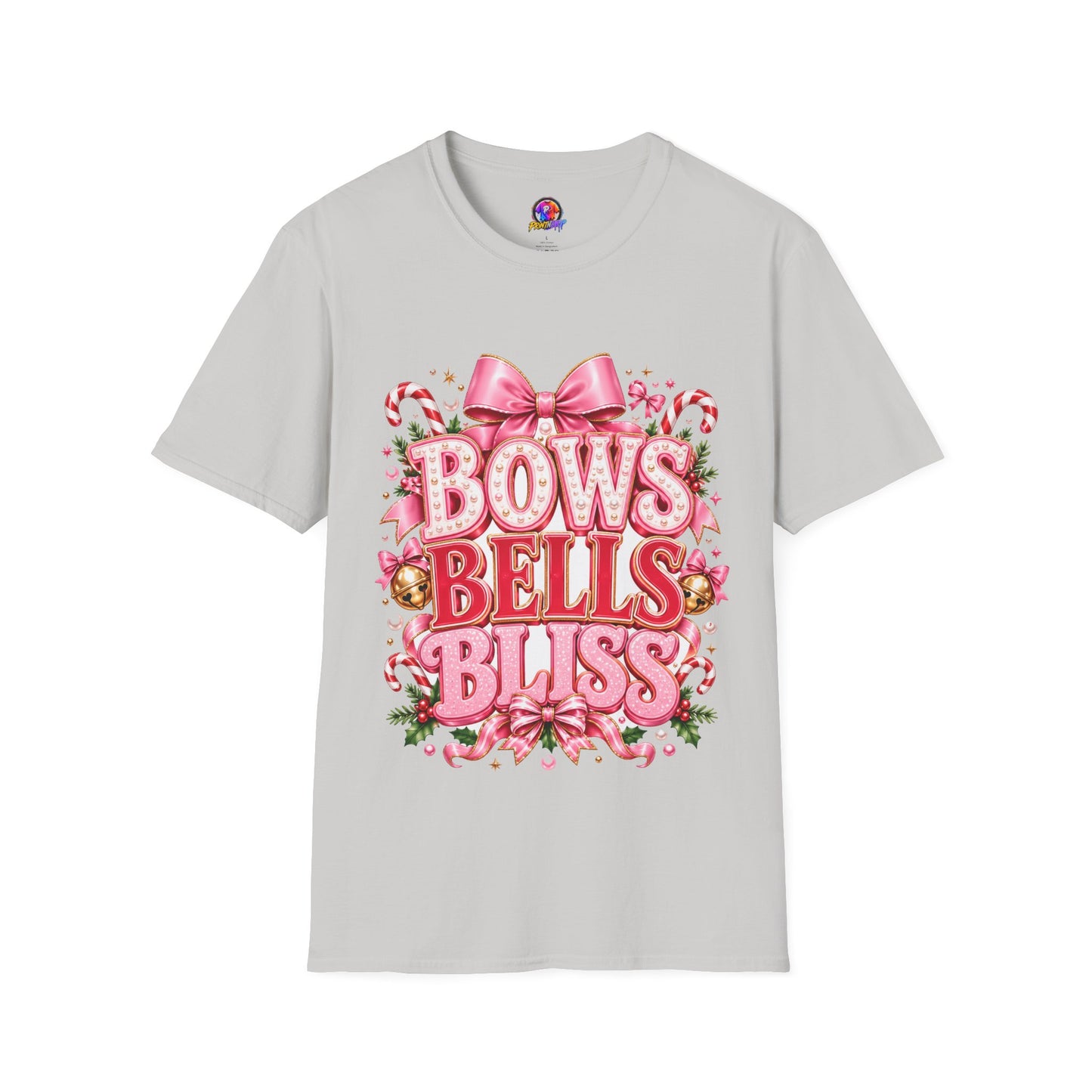 Bows Bells Bliss Christmas T‑Shirt — Pink Holiday Bow Graphic