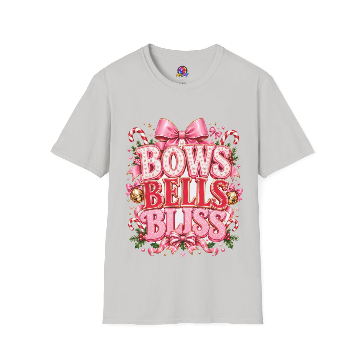 Bows Bells Bliss Christmas T‑Shirt — Pink Holiday Bow Graphic