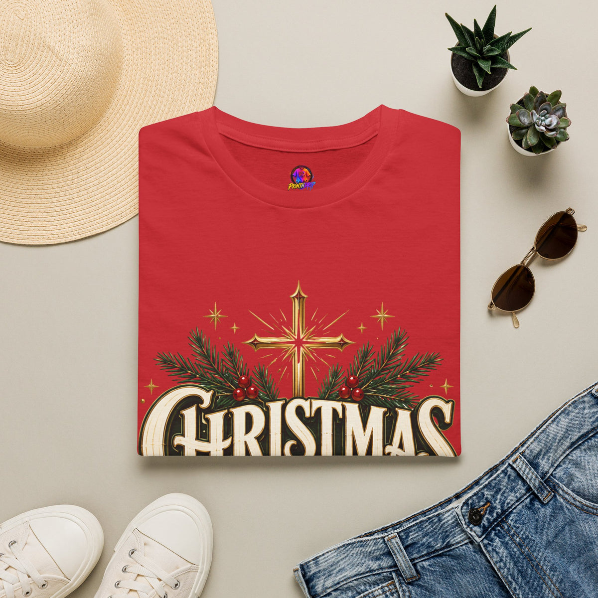 Christmas Blessed T-Shirt — Faith-Based Holiday Tee with Cross & Pine Design