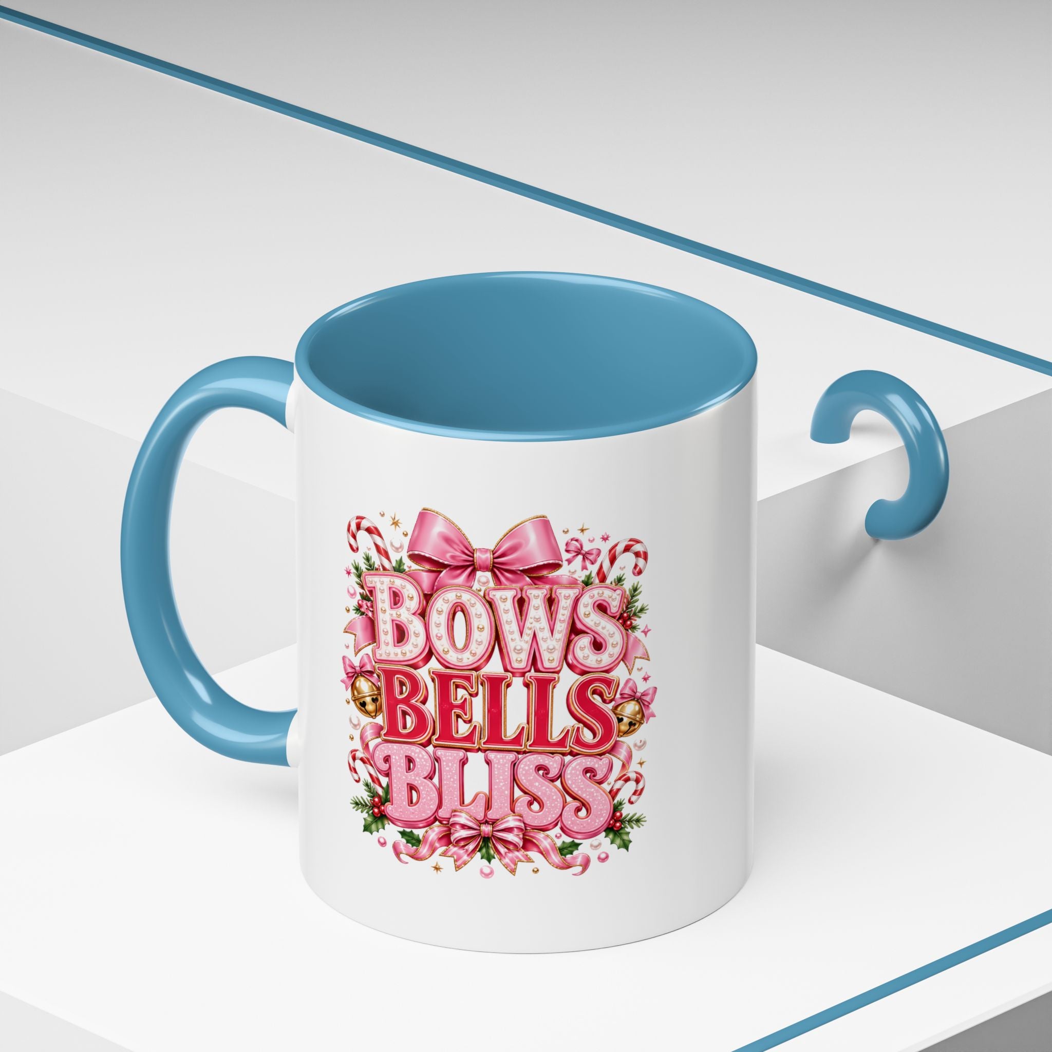 Modern Day Christmas Bows Bells Bliss Coffee Mug — Pink Holiday Accent Mug