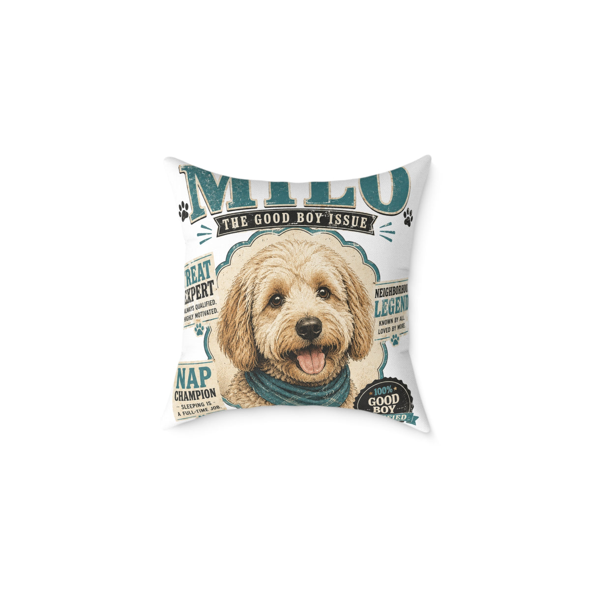 Milo Bailey Dog Dad Mom Square Poly Canvas Pillow — Personalized "Milo The Good Boy Issue" Dog Throw Pillow