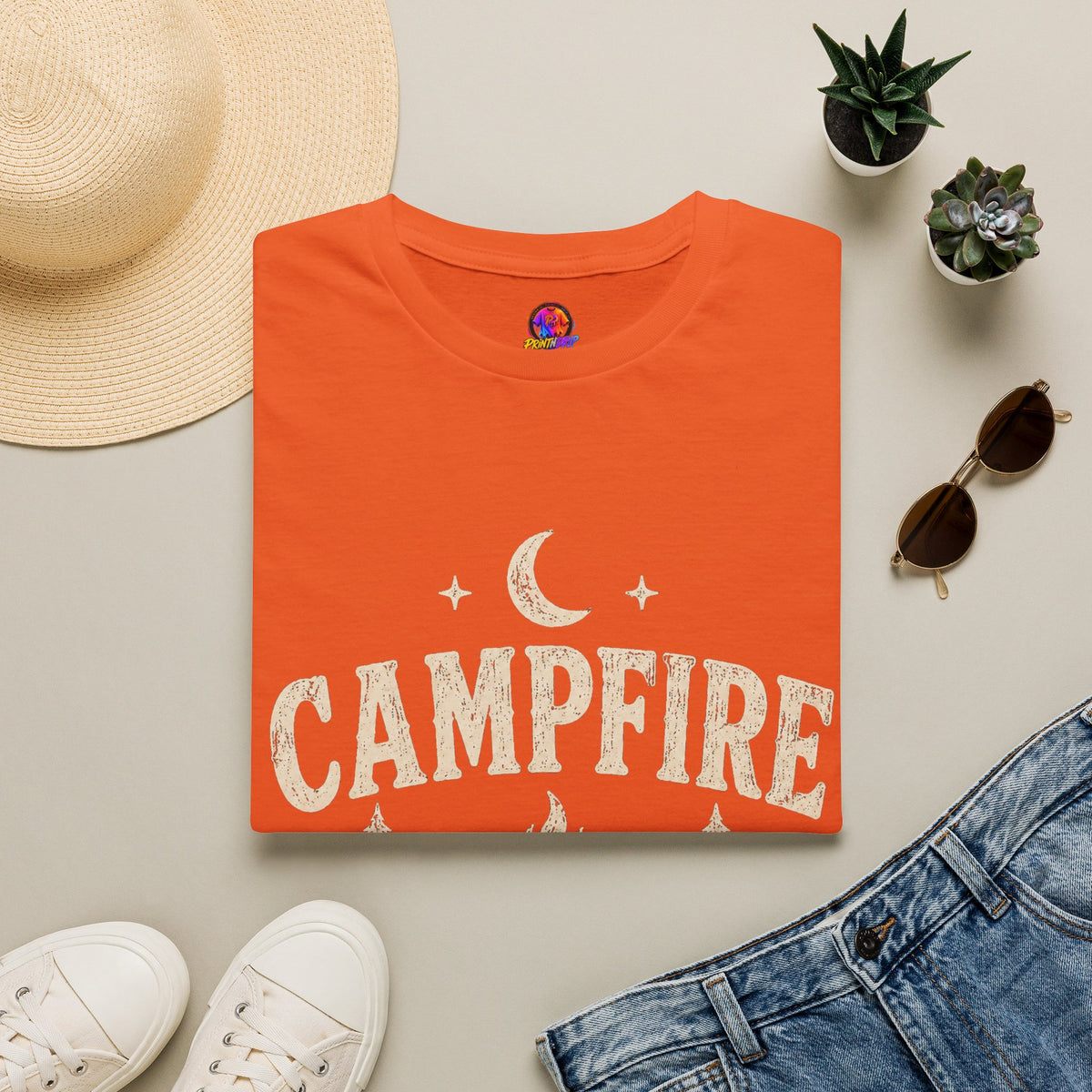 Campfire After Dark T-Shirt — Cozy Camping Moon & Trees Graphic