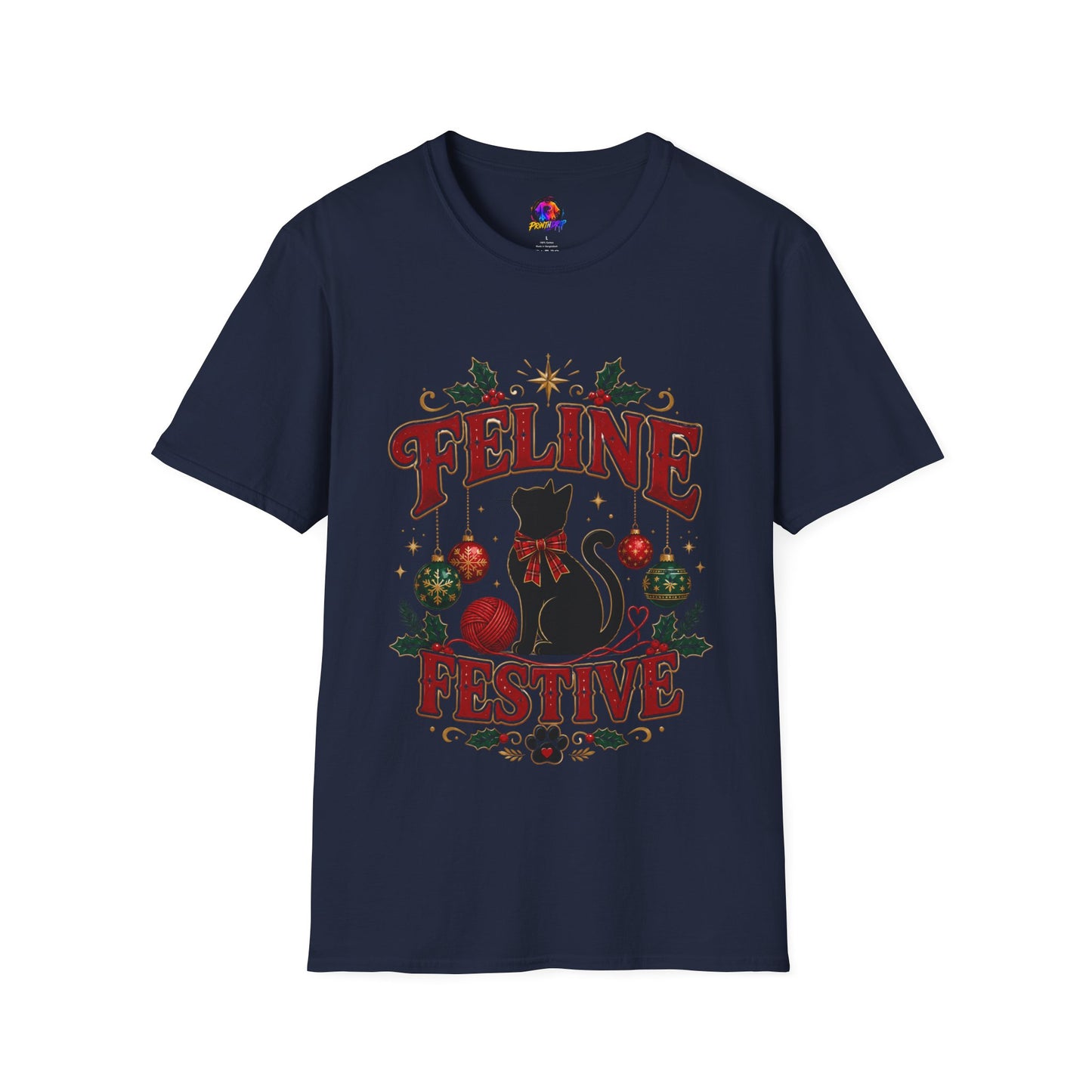 Feline Festive T-Shirt — Cute Black Cat Christmas Holiday Tee