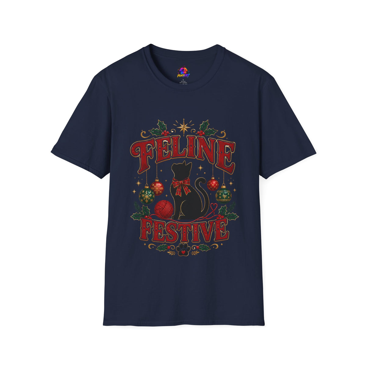 Feline Festive T-Shirt — Cute Black Cat Christmas Holiday Tee