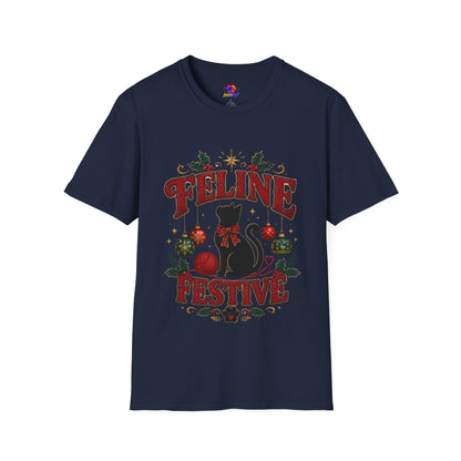 Feline Festive T-Shirt — Cute Black Cat Christmas Holiday Tee
