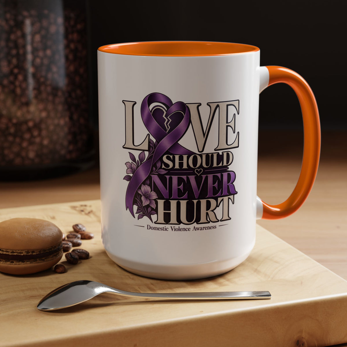 Domestic Violence Awareness Accent Coffee Mug – "Love Should Never Hurt" (11/15oz)