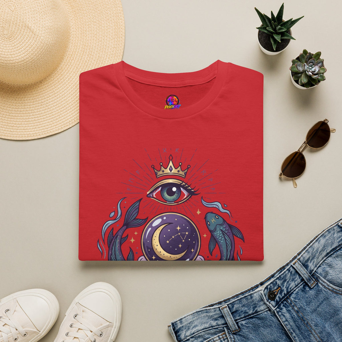 Pisces Mystic Eye T-Shirt — Witchy Astrology Moon & Crown Design