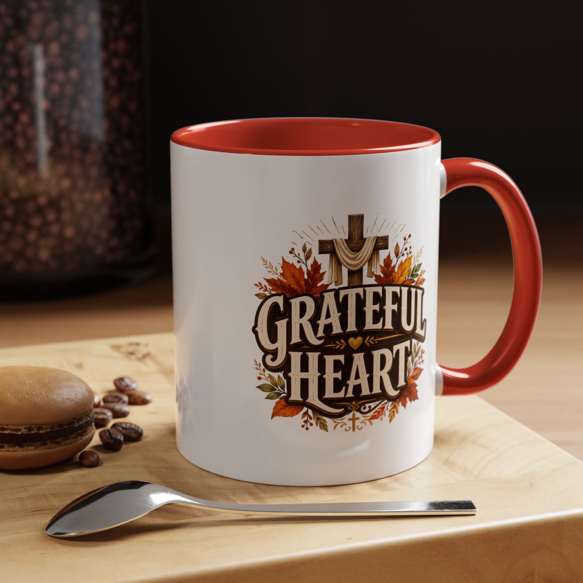 Thanksgiving Mug Grateful Heart Accent Coffee Mug – Autumn Leaves & Cross Spiritual Thanksgiving Gift