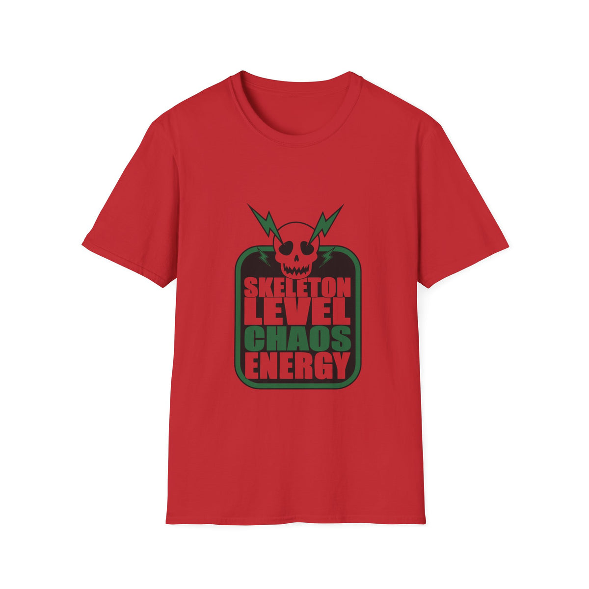 Skeleton Level Chaos Energy Green Badge T-Shirt - Edgy Alt Streetwear Graphic Tee - Trending Now - September 2026